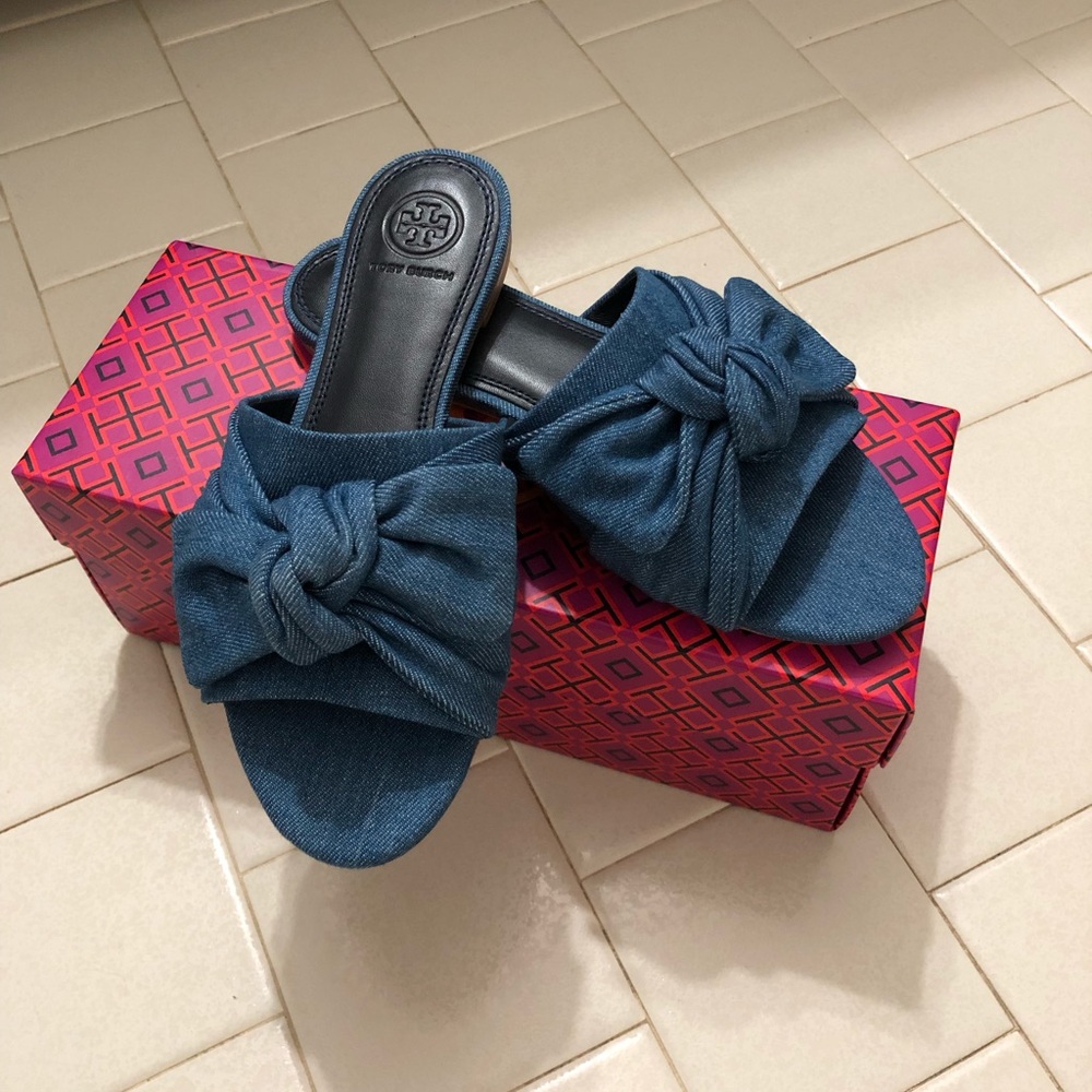 Tory Burch Annabelle denim bow slide sandals